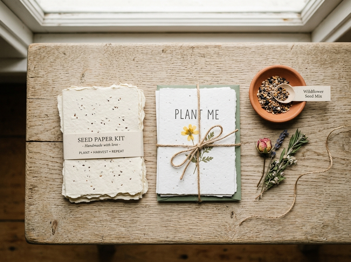 The Plantable Seed Paper Kit: a banded stack of handmade seed-paper sheets, plant-me cards tied with twine, and a dish of wildflower seed mix
