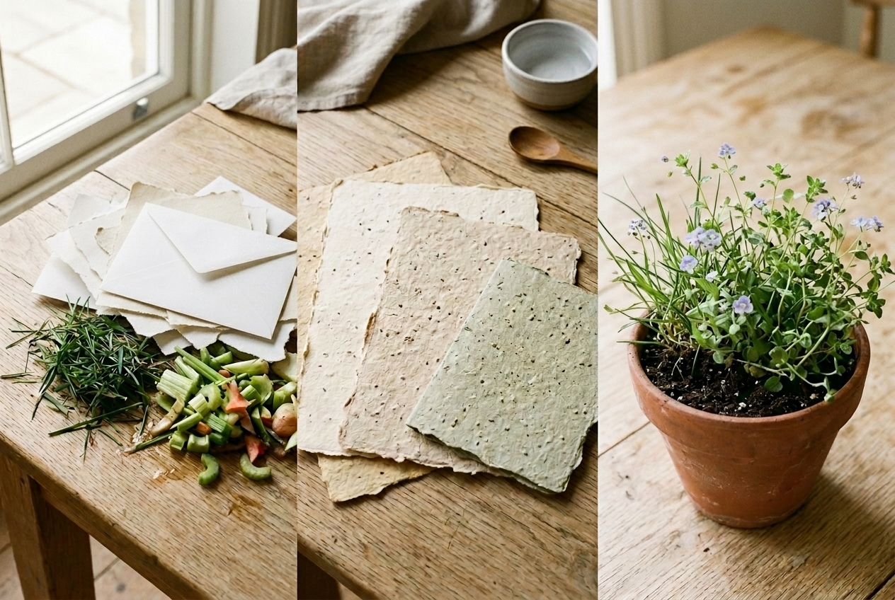 A warm kitchen-table transformation read left to right: a pile of crumpled junk mail and vegetable scraps becomes beautiful deckled handmade paper, then a planted seed-paper card sprouting tiny wildflowers