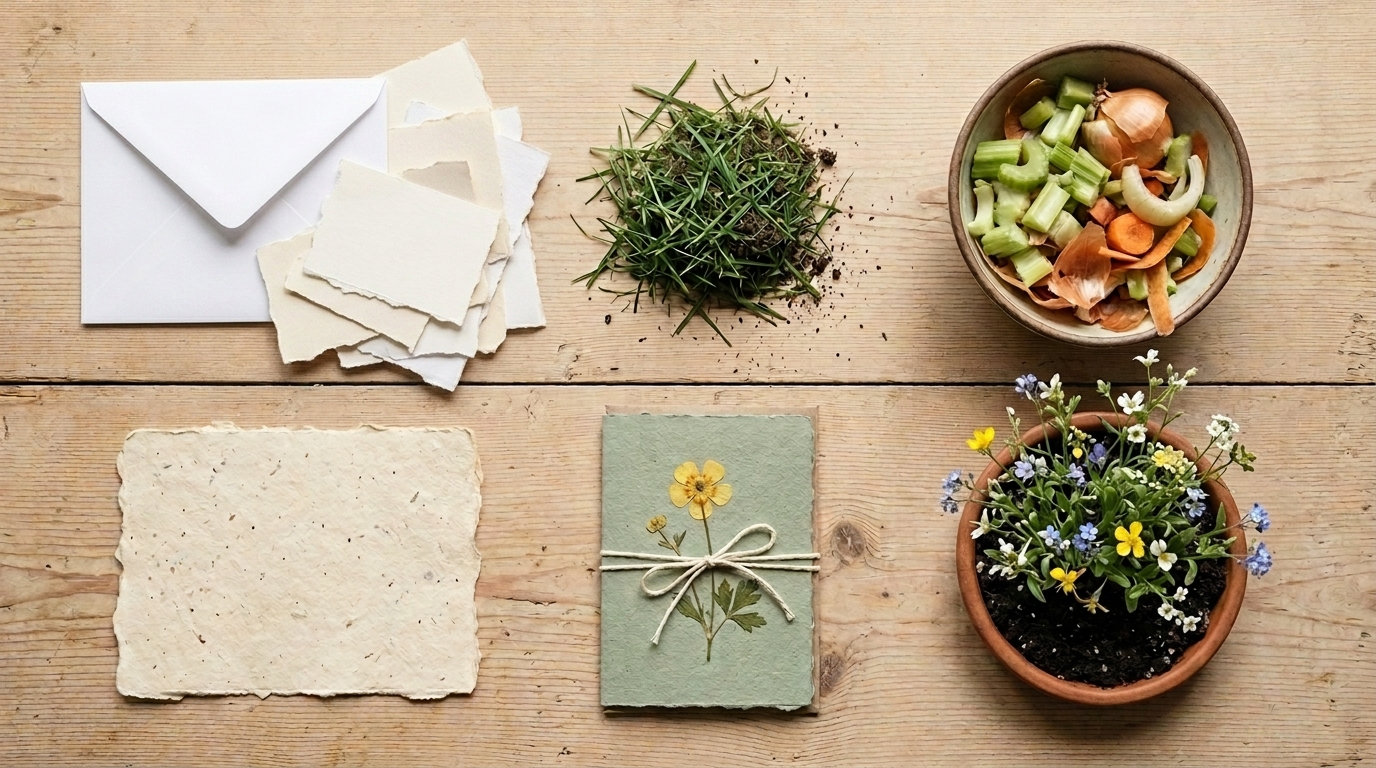 Before and after collage: crumpled junk mail, torn envelopes, grass clippings and vegetable scraps on top, and on the bottom the finished results, a sheet of handmade paper, a botanical greeting card, and a plantable seed-paper card sprouting tiny wildflowers