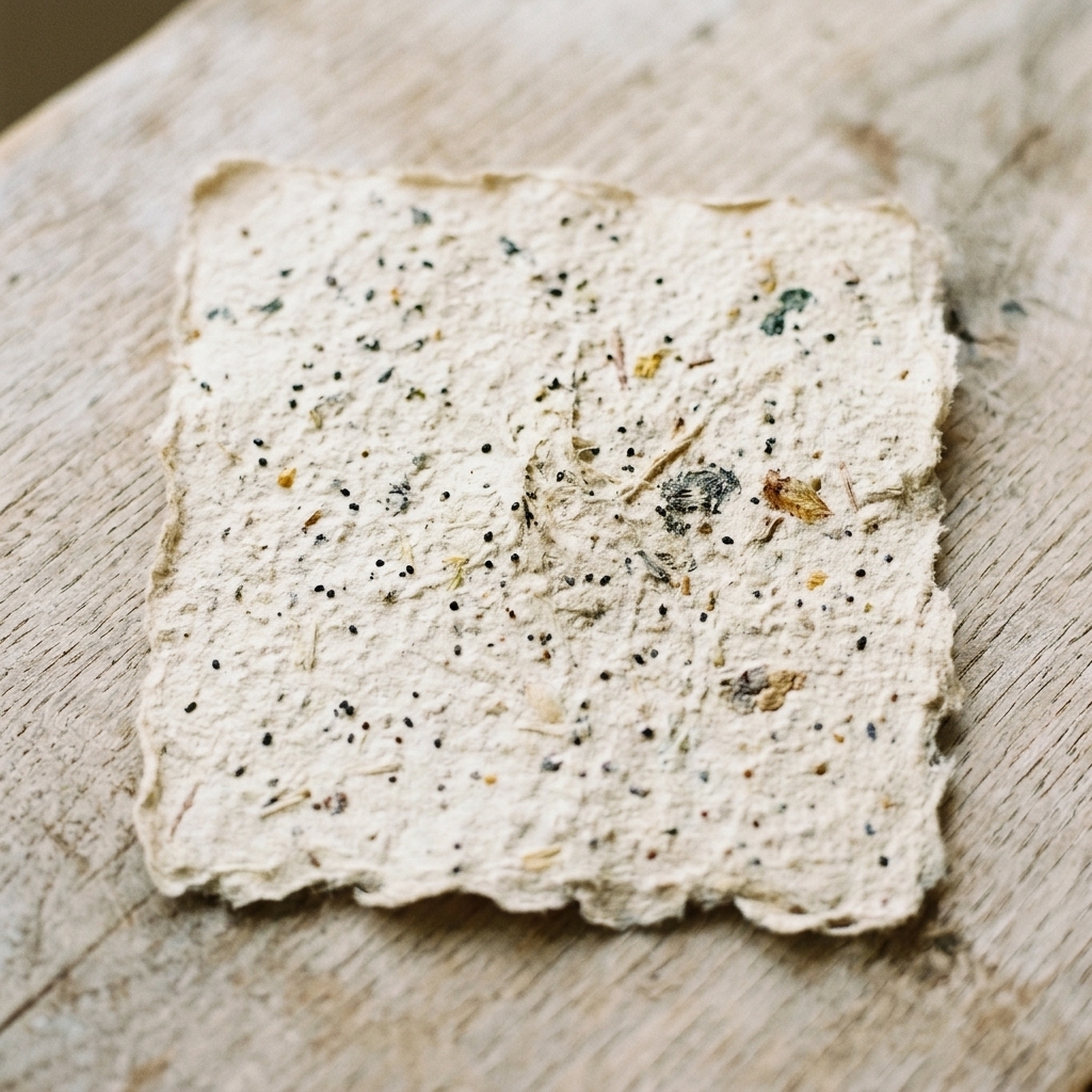 Handmade plantable seed paper with wildflower seeds embedded in the pulp and a tiny green sprout beginning to grow
